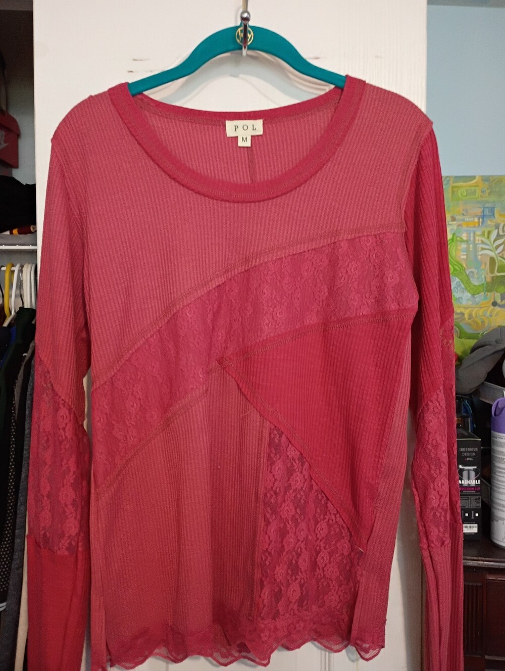 POL berry lace-panel ribbed long sleeve top